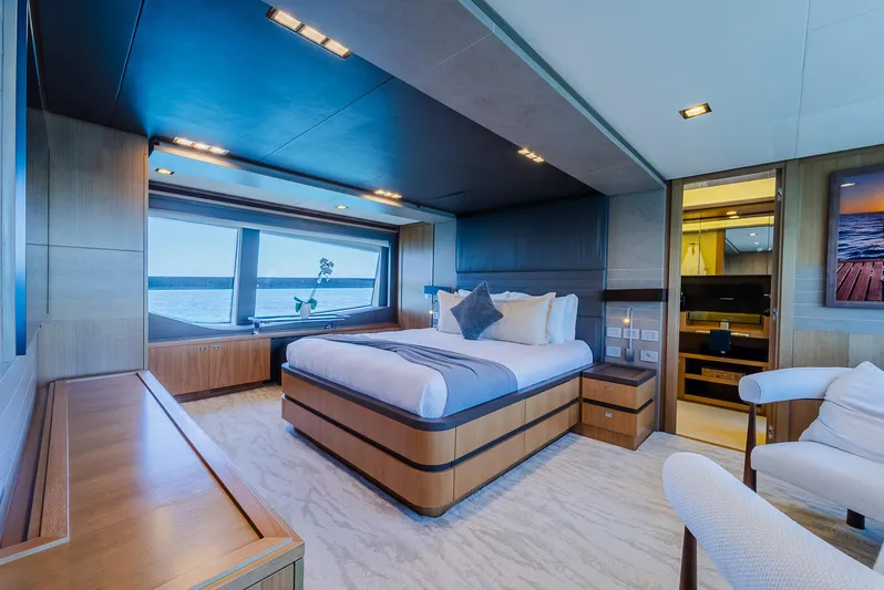 One And Only Yacht Photos Pics Luxurious yacht bedroom with ocean view, modern design, and elegant furnishings, Custom Line 100, 2012.