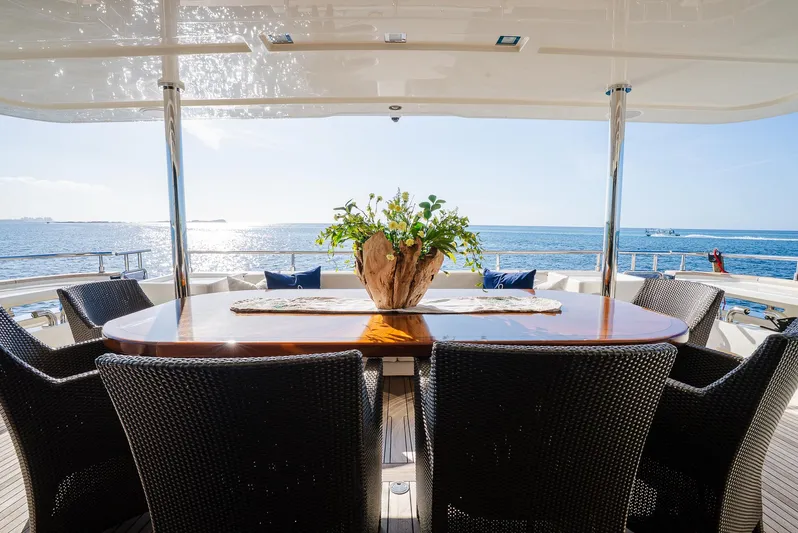 One And Only Yacht Photos Pics Luxurious yacht deck with elegant dining area, ocean view, and stylish wicker chairs. Custom Line 100, 2012.