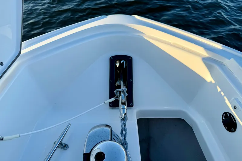  Yacht Photos Pics Bow of 2022 Monterey 385SS Super Sport boat with anchor chain and water view.