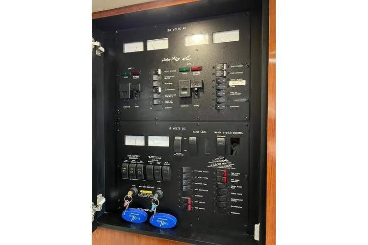  Yacht Photos Pics Electrical control panel of a 2003 Sea Ray 410 Sundancer boat.