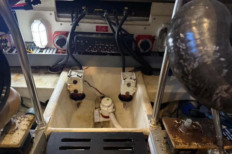  Yacht Photos Pics Engine compartment of 2005 Luhrs 38 Convertible boat, showing wiring and components.