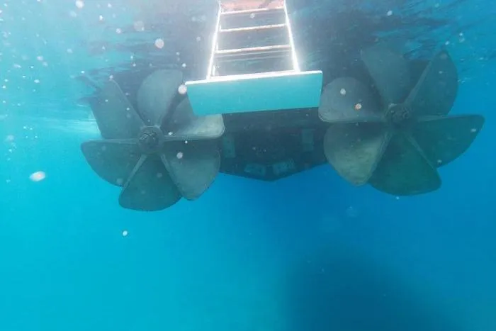  Yacht Photos Pics Underwater view of 2008 Mangusta 80 yacht propellers and ladder.