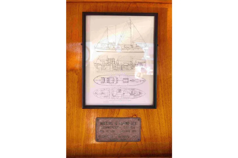 Little Vigilant Yacht Photos Pics rig and layout drawing and makers placard on aft ceiling of pilot house