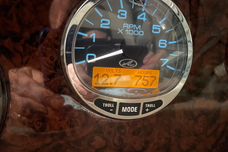  Yacht Photos Pics Gauge display on 2003 Sea Ray 340 Sundancer showing 12.7 volts and 757 hours.