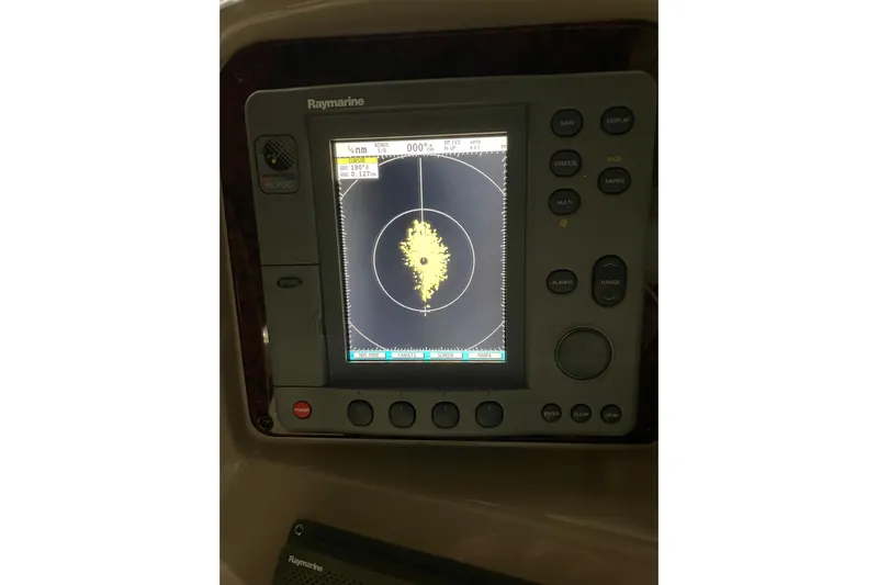 Yacht Photos Pics Raymarine radar display on 2003 Sea Ray 340 Sundancer boat, showing navigation data.