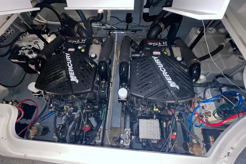  Yacht Photos Pics Engine compartment of a 2003 Sea Ray 340 Sundancer with twin Mercury engines.