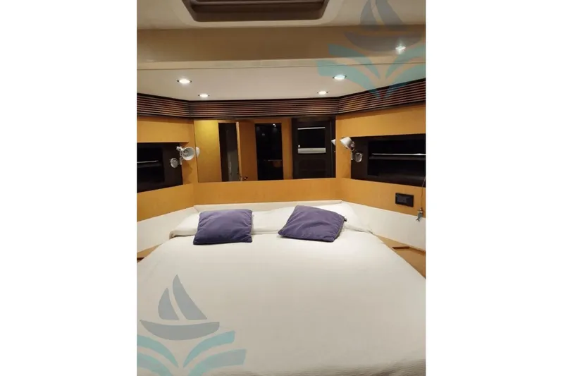  Yacht Photos Pics Luxurious bedroom interior of 2007 Ferretti Yachts Riva 63 Vertigo with modern design.