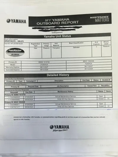  Yacht Photos Pics Yamaha outboard report for Grady-White Freedom 275, 2023 model, detailing maintenance history and unit status.