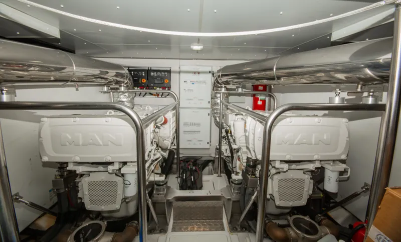  Yacht Photos Pics Engine room of 2024 Azimut Magellano 66 yacht, featuring dual MAN engines.