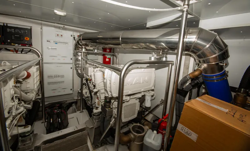 Yacht Photos Pics Engine room of 2024 Azimut Magellano 66 yacht, featuring advanced machinery and equipment.