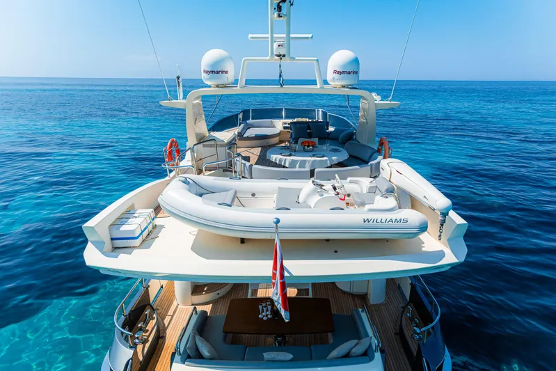 Vea Yacht Photos Pics Luxurious 2008 Azimut 75 yacht with tender, cruising on clear blue waters.