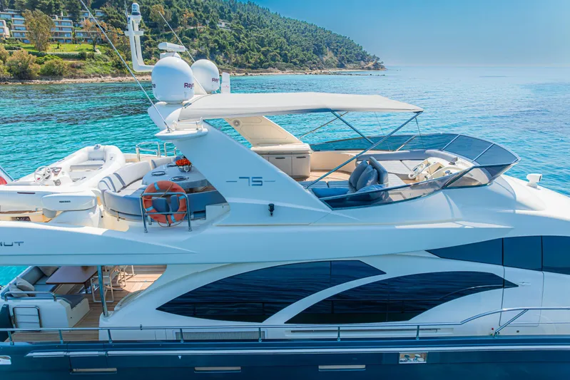 Vea Yacht Photos Pics 2008 Azimut 75 yacht cruising on clear blue waters near a lush coastline.