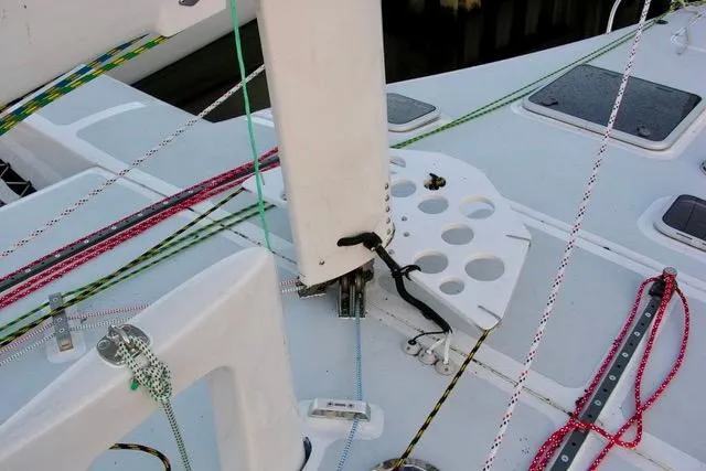 Wingnut Yacht Photos Pics Sailboat deck with colorful ropes, Hughes 40 model, 2012.