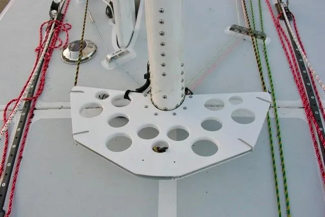 Wingnut Yacht Photos Pics Deck of 2012 Hughes 40 sailboat with rigging and mast base.