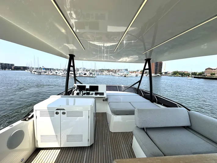 Perpetually Investing Yacht Photos Pics Luxurious 2022 Prestige 520 yacht interior with spacious seating and scenic marina view.