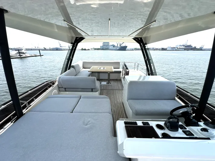 Perpetually Investing Yacht Photos Pics Luxurious 2022 Prestige 520 yacht interior with spacious seating and scenic water view.