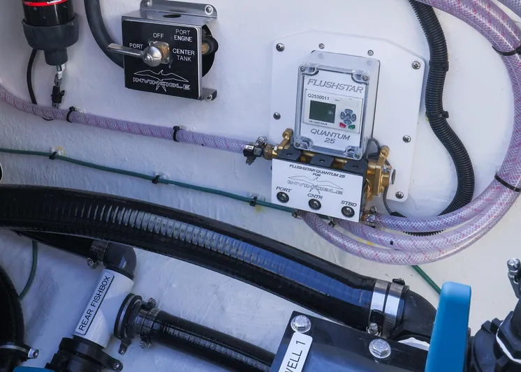  Yacht Photos Pics 2025 Invincible 39 Open Fisherman engine compartment with Flushstar Quantum system and labeled components.
