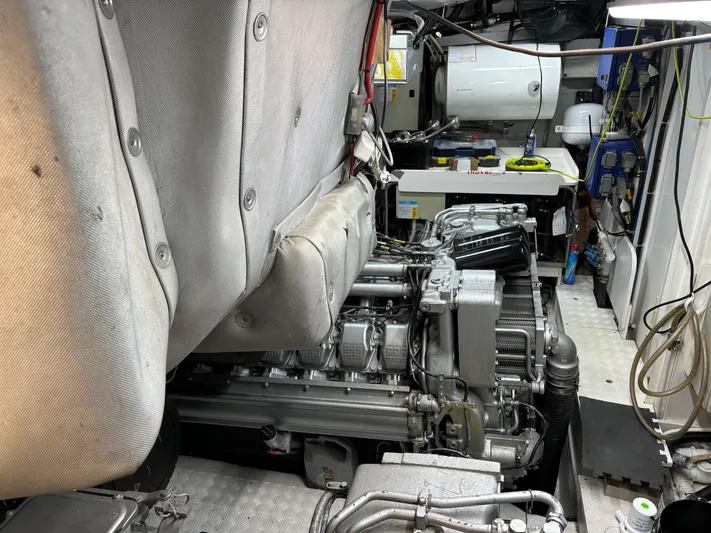  Yacht Photos Pics Engine room of a 2005 Baia Atlantica 78 yacht, showcasing machinery and equipment.