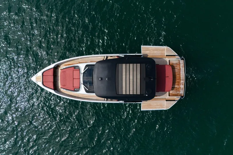  Yacht Photos Pics Overhead view of 2025 Cranchi A46 Luxury Tender on water.