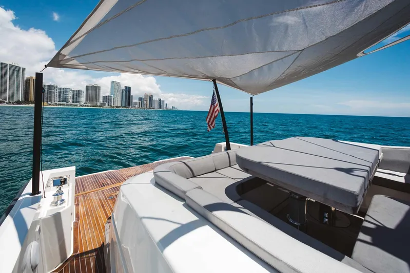 Bluegame 62 Yacht Photos Pics 2019 Bluegame BG62 yacht with city skyline and ocean view.