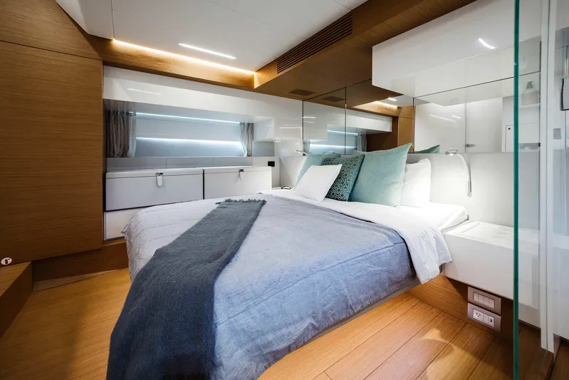 Bluegame 62 Yacht Photos Pics Luxurious bedroom interior of 2019 Bluegame BG62 yacht with modern design.