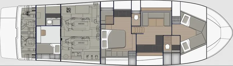 Bluegame 62 Yacht Photos Pics 2019 Bluegame BG62 yacht floor plan, showcasing engine room, cabins, and living areas.