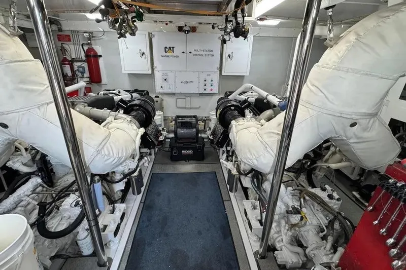  Yacht Photos Pics Engine room of 2004 Lazzara SC Motor Yacht with CAT marine power systems.