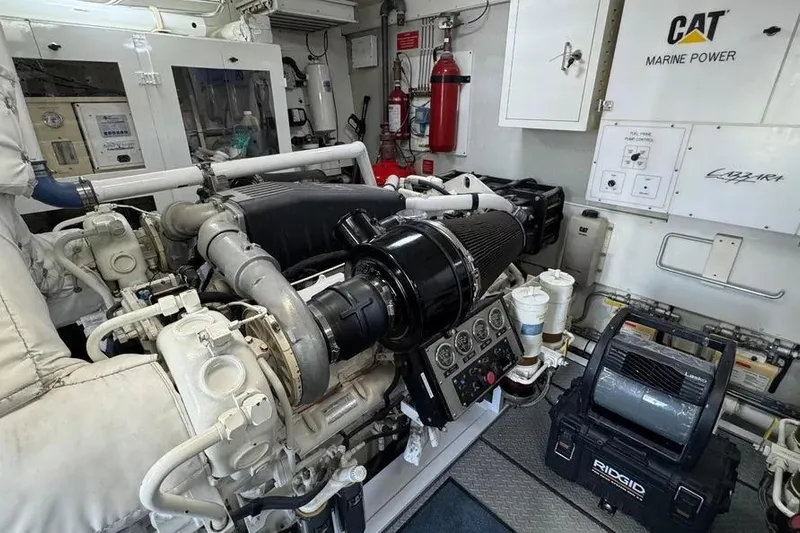 Yacht Photos Pics Engine room of a 2004 Lazzara SC Motor Yacht with CAT marine power systems.