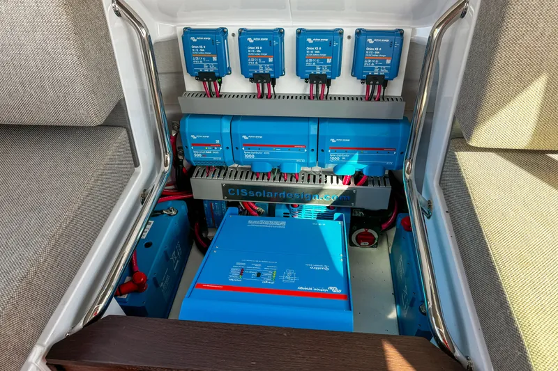  Yacht Photos Pics Electrical system setup in 2024 Axopar 37XC CROSS CABIN boat, featuring Victron Energy components.