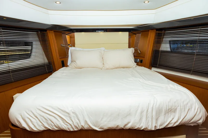  Yacht Photos Pics Luxurious bedroom interior of 2013 Bavaria Virtess 420 Fly yacht with cozy bedding.