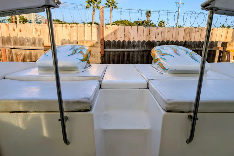 Frisco's Finest Yacht Photos Pics 2000 Advantage Poker Run 40 boat interior with custom engine covers and seating.