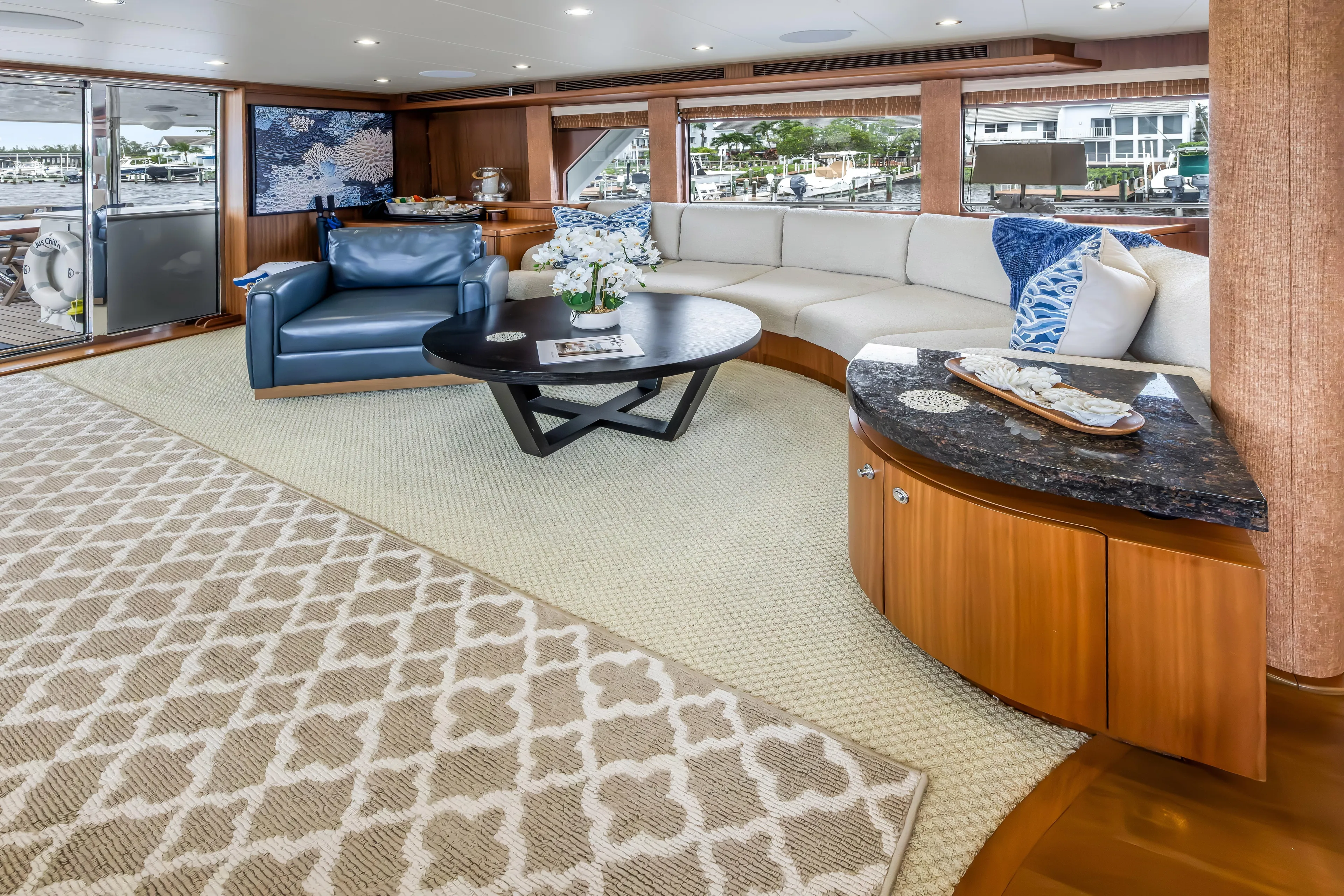 Aurora Yacht Photos Pics Luxurious interior of 2012 Cheoy Lee 84 Bravo yacht with elegant seating and decor.