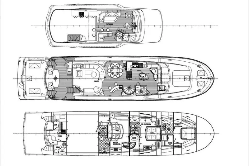 Aurora Yacht Photos Pics Floor plan of 2012 Cheoy Lee 84 Bravo yacht, showcasing three detailed levels.