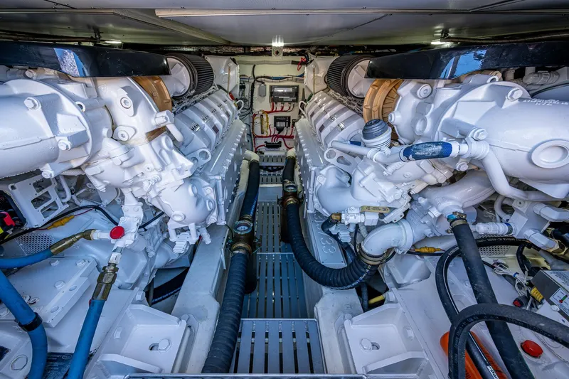 Vera North Yacht Photos Pics Engine room of a 2021 Hinckley Talaria, showcasing dual powerful marine engines.