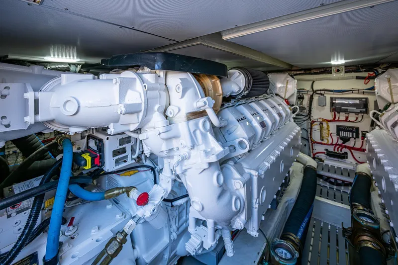 Vera North Yacht Photos Pics Engine room of 2021 Hinckley Talaria yacht, showcasing advanced mechanical systems and components.
