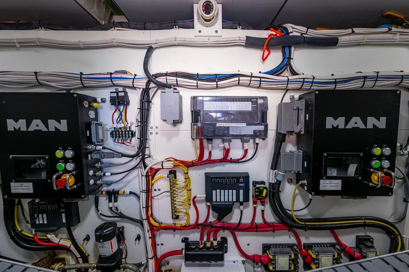 Vera North Yacht Photos Pics Engine room of 2021 Hinckley Talaria with MAN control systems and wiring.
