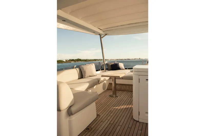 Gaia Yacht Photos Pics Luxurious Sunseeker Manhattan 68 yacht deck with elegant seating, 2022 model.