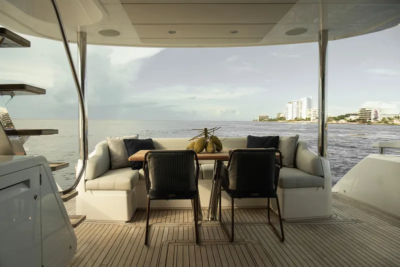 Gaia Yacht Photos Pics Luxurious 2022 Sunseeker Manhattan 68 yacht deck with elegant seating and ocean view.