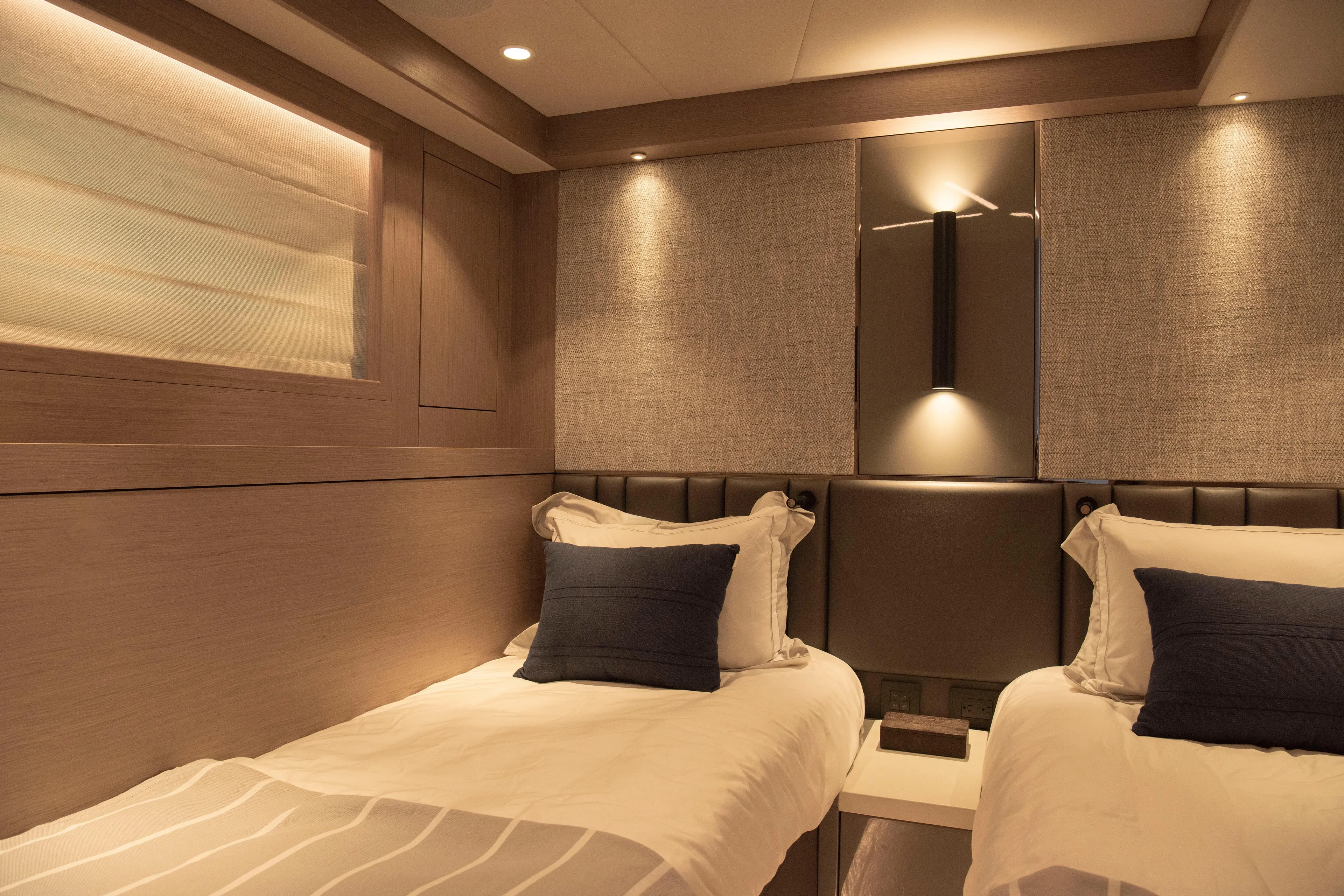 Gaia Yacht Photos Pics Luxurious twin cabin interior on 2022 Sunseeker Manhattan 68 yacht.