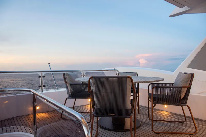 Gaia Yacht Photos Pics Luxury Sunseeker Manhattan 68 yacht deck with ocean view, 2022 model.