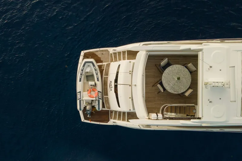 Gaia Yacht Photos Pics Aerial view of 2022 Sunseeker Manhattan 68 yacht with deck seating and tender.