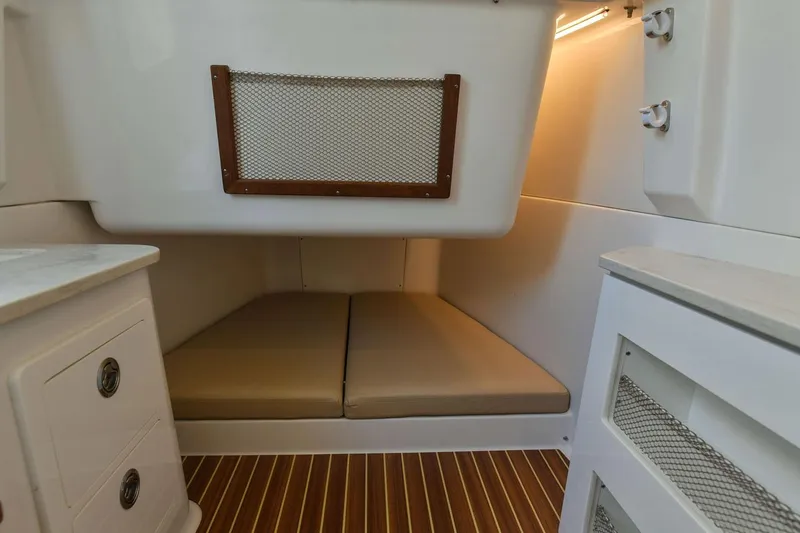  Yacht Photos Pics Interior of 2022 Sailfish 360 CC with sleeping area.