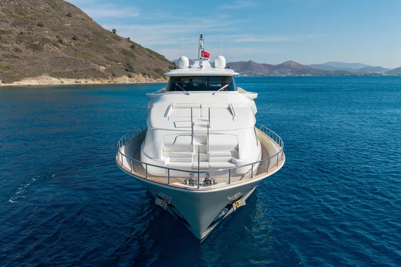 La Luce Yacht Photos Pics Luxury yacht Custom Line Navetta 26, 2008 model, cruising in clear blue waters.