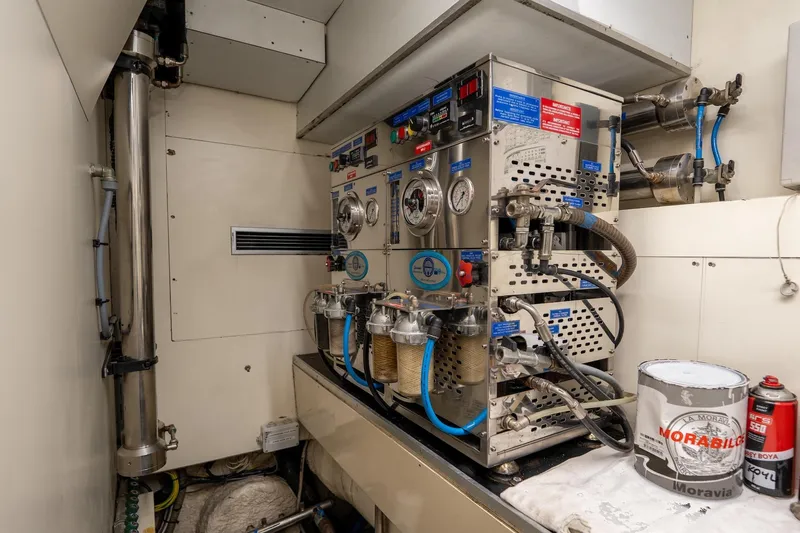 La Luce Yacht Photos Pics Engine room of 2008 Custom Line Navetta 26 yacht with complex machinery and equipment.