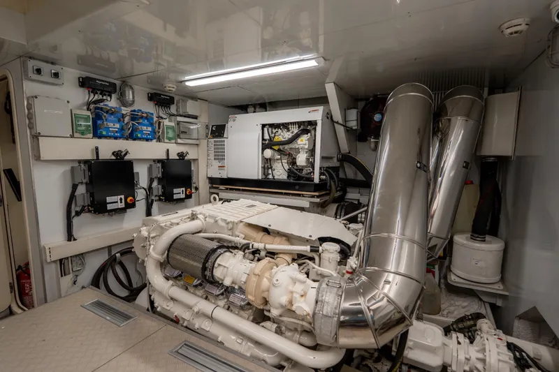 La Luce Yacht Photos Pics Engine room of 2008 Custom Line Navetta 26 yacht with machinery and control panels.