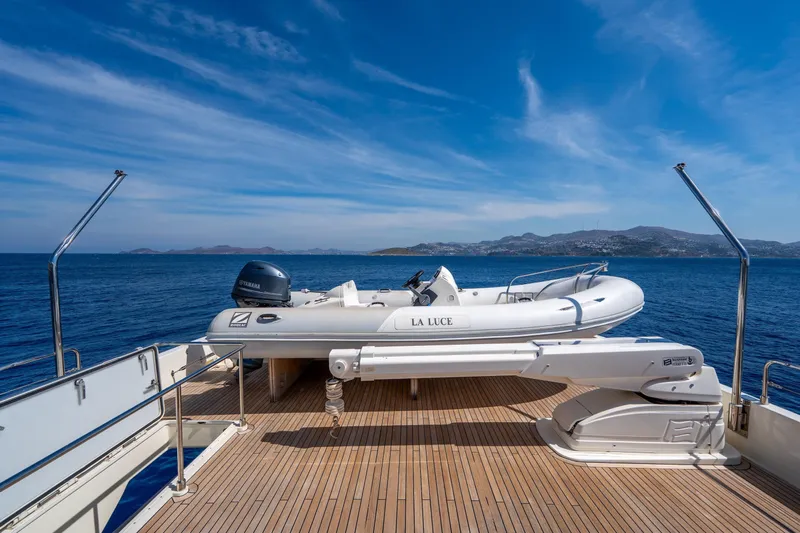 La Luce Yacht Photos Pics Luxury yacht deck with tender boat, Custom Line Navetta 26, 2008, ocean view.