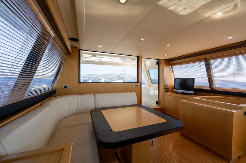 La Luce Yacht Photos Pics Luxurious interior of 2008 Custom Line Navetta 26 yacht with panoramic windows and elegant furnishings.