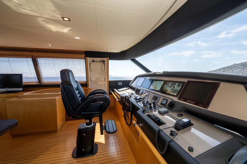 La Luce Yacht Photos Pics Luxurious 2008 Custom Line Navetta 26 yacht cockpit with modern navigation equipment and leather captain's chair.