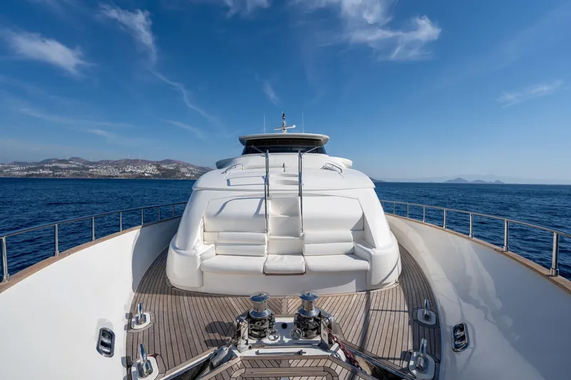 La Luce Yacht Photos Pics Luxurious 2008 Custom Line Navetta 26 yacht deck with ocean view and clear blue sky.