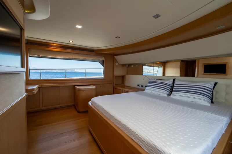 La Luce Yacht Photos Pics Luxurious bedroom interior of 2008 Custom Line Navetta 26 yacht with ocean view.